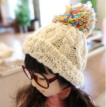 韩版彩色大毛球儿童帽子宝宝冬季保暖毛线帽女童百搭针织造型帽潮