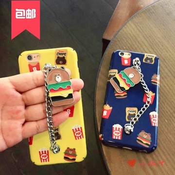 韩国可爱卡通汉堡熊苹果6s手机壳iphone6plus薯条兔子带链条硬壳