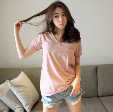 16年新款韩版纯色粉红色黑色纯棉口袋V领宽松女装上衣打底衫T恤