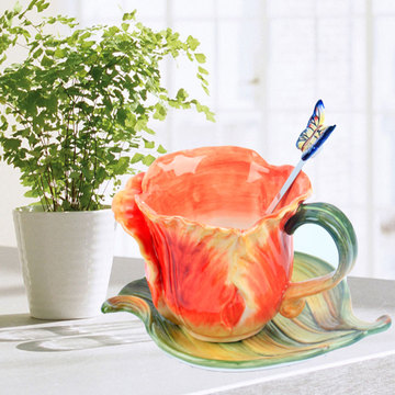 欧式陶瓷手绘咖啡杯盘组 风之花园太阳花郁金香咖啡杯 高档伴手礼