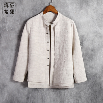中国风男装立领休闲亚麻衬衫男长袖修身复古衬衣秋季格子棉麻衣服