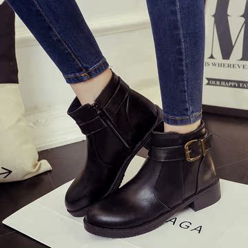 韩版秋冬新款靴子简约黑色圆头短靴粗跟平底马丁靴短筒女单靴绒靴