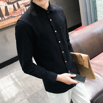 2016秋装男士长袖衬衫韩版修身纯棉休闲衬衣青少年学生纯色打底衫