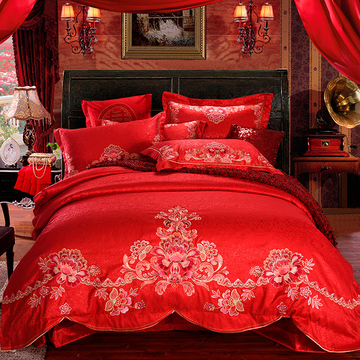 贡缎全棉婚庆四件套纯棉大红色刺绣1.8m床品六八件套结婚床上用品