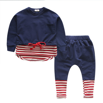 2016新款秋季男宝宝休闲条纹长袖套装韩版 中小男童纯棉两件套潮