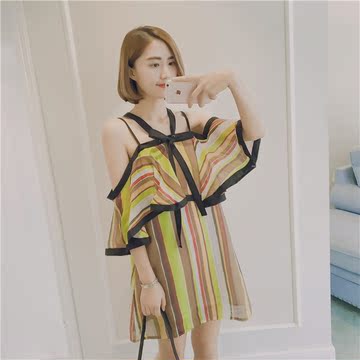 2016夏季新款韩版女性感露肩挂脖式吊带荷叶边短裙条纹显瘦连衣裙