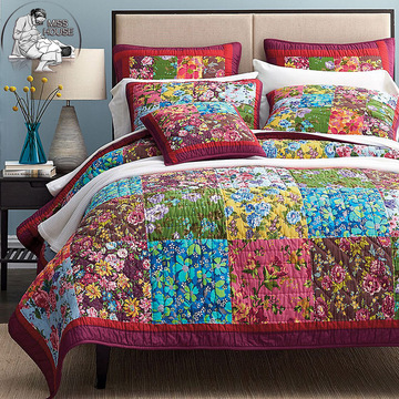 大牌美式乡村纯棉手工绗缝被拼布床盖三件套床罩床单空调被夏凉被