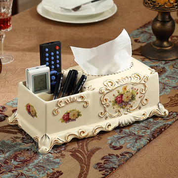 奢华欧式陶瓷纸巾抽纸盒客厅书房装饰摆件多功能手机遥控器收纳盒
