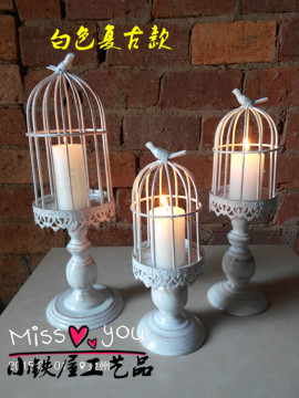 美式地中海工艺装饰品法式乡村蕾丝鸟笼铁艺烛台摆件婚庆鸟笼蜡烛