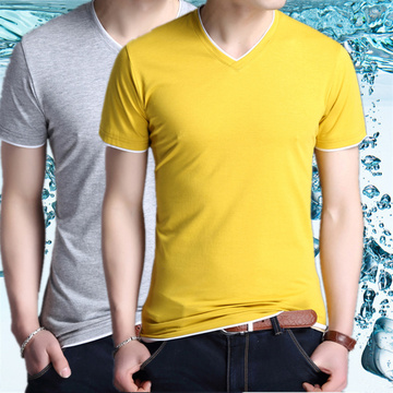 2016新款男士T恤修身休闲纯棉短袖V领纯色大码半袖夏季青年打底衫