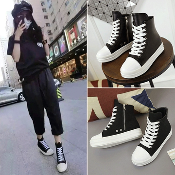 2016韩版厚底黑色帆布鞋女学生学院风女款皮面平底高帮松糕跟鞋子