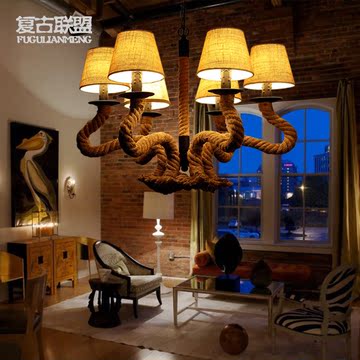 美式乡村个性创意灯具卧室客厅复古吧台餐厅简约布罩麻绳吊灯