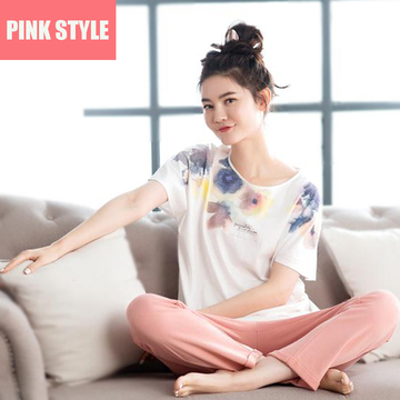 睡衣 女 夏 韩版pink新款糖果色可爱纯棉薄款短袖长裤家居服套装