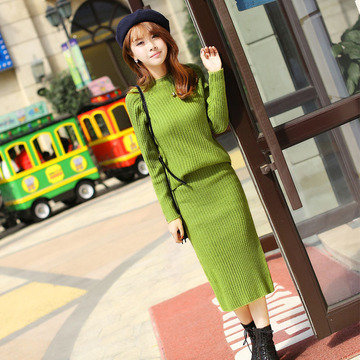 2016秋装新款韩国长袖显瘦毛衣一步裙时尚套装两件套毛线开叉长裙