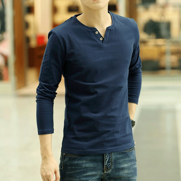 秋季韩版潮流行男装体恤小衫 百搭打底衫V领青年型男士款长袖T恤