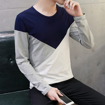 2016男士秋季新款韩版修身长袖t恤男青年纯棉拼色圆领休闲打底衫