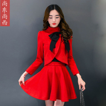 2016秋装新款时尚女套装立领气质蝴蝶结红色毛呢小外套短裙两件套