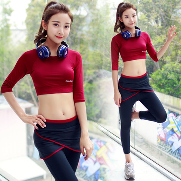 韩国运动速干健身裤假两件瑜伽裤裙显瘦紧身裤跑步瑜伽服套装女
