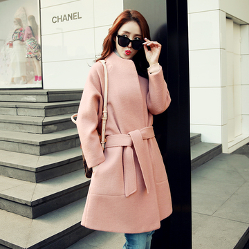 2016秋冬新款韩版中长款圆领毛呢外套女腰带廓形显瘦粉色妮子外套