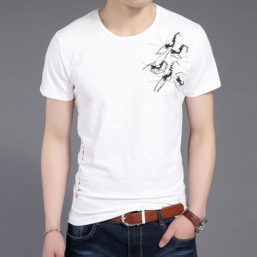2016夏季男士短袖t恤圆领韩版修身青年印花白色薄体恤纯棉上衣潮