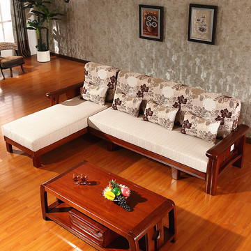 现代中式转角实木沙发 拆洗布艺沙发 三人位沙发床组合小户型家具