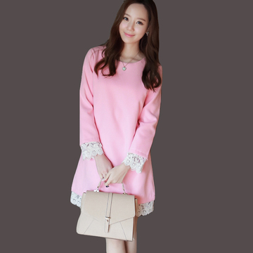 2016新款韩版春秋时尚粉色修身长袖毛呢甜美a字蕾丝打的连衣裙女