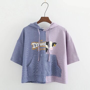 日系牧场系列女款字母奶牛印花撞色蓝紫色拼接连帽短袖卫衣 新品
