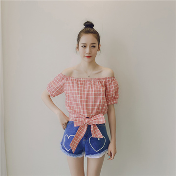 2016 夏季新款韩版女装气质一字领显瘦格子纹蝴蝶结系带短款衬衫