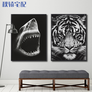 大白鲨黑白装饰画老虎画挂画美式沙发背景墙壁画双联动物画电表箱